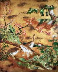 Panneau de porte coulissante avec oiseaux et fleurs